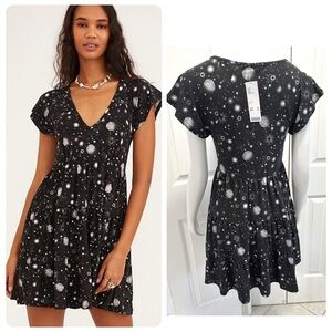NWT Urban Outfitters Julia Tiered Frock Mini Dress Celestial Moon Stars Small